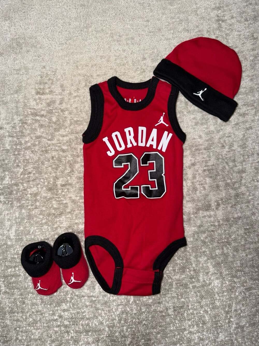 Jordan 23 Jersey Infant 3-Piece Set (Gym Red) - Romper, Socks, and Hat